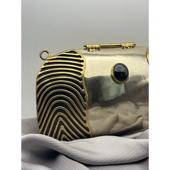 Vintage Oval Bag Golden Black Brass Onyx Stone Small Strap Black Nylon - Picture 3 of 6